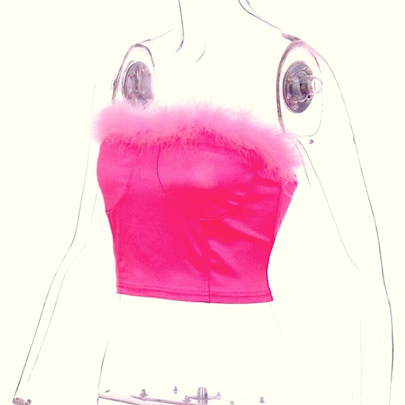Neon pink feather trim strapless cropped tube top - Picture 6 of 14